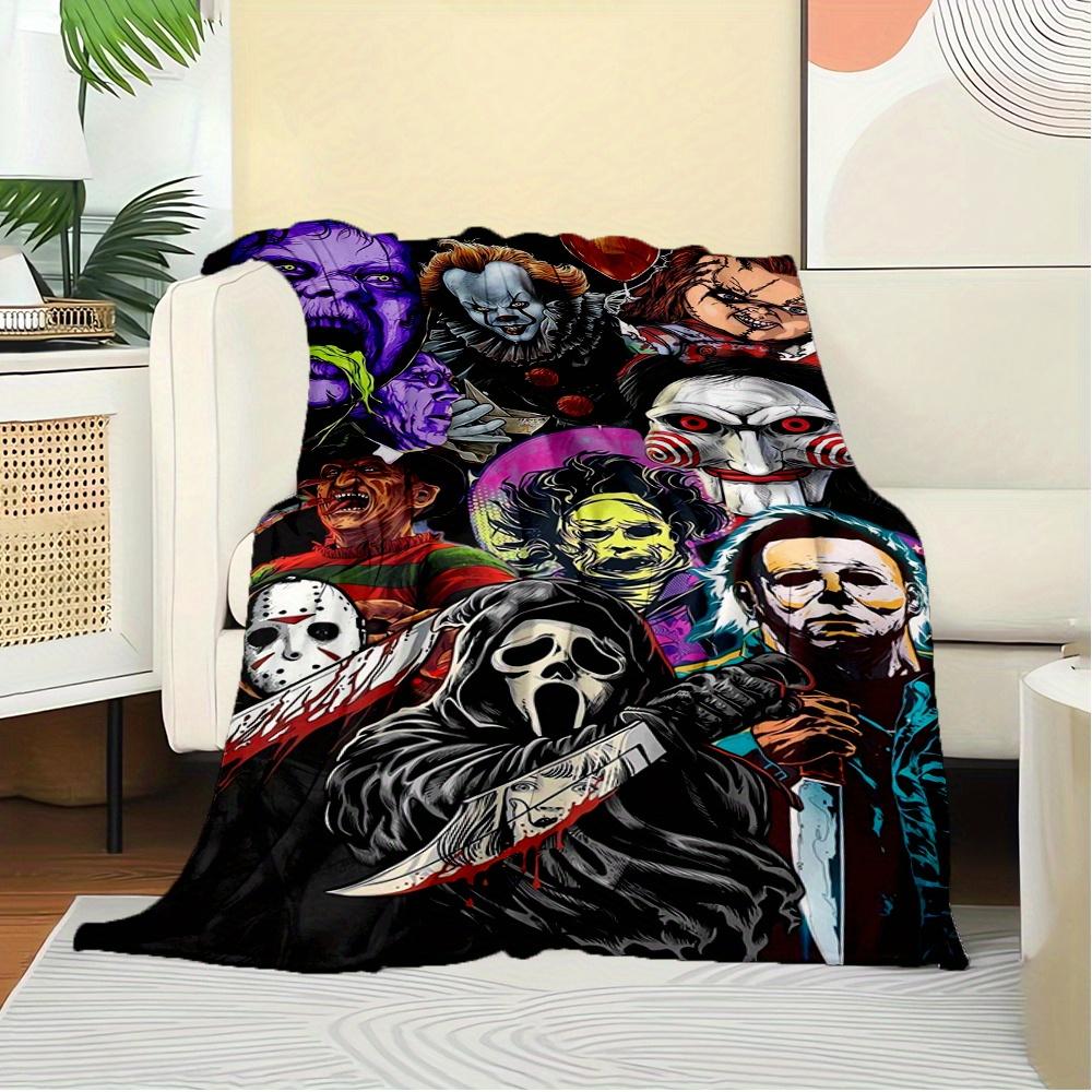 For Horror Icons,Halloween Monsters,Film Characters-Themed Flannel Blanket, Glam Style, Digital Print, All-Season Comfort, Tear-Resistant, K
