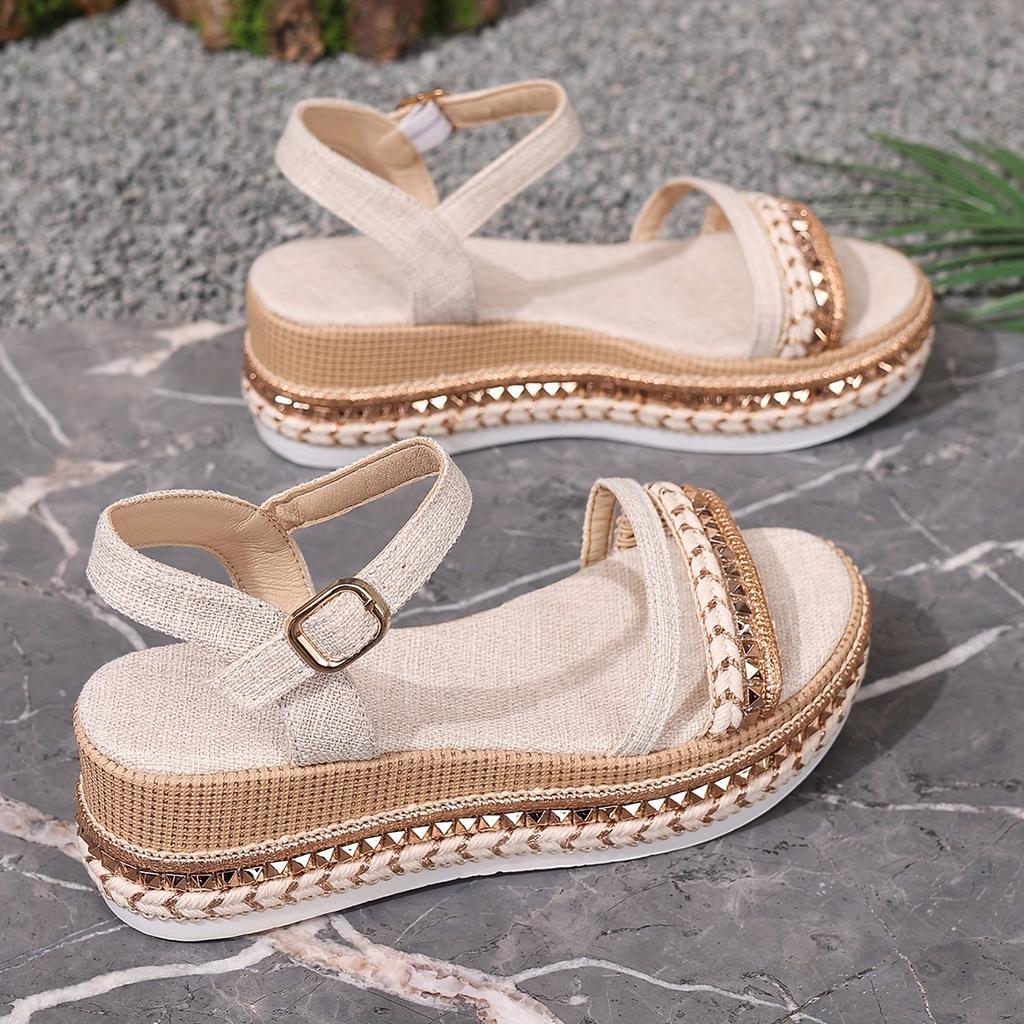 Women'S Espadrille Wedge Sandals with Braided Rope and Rivet Details – Comfortable Open Toe Platform Heels, Beige and Brown Color Scheme