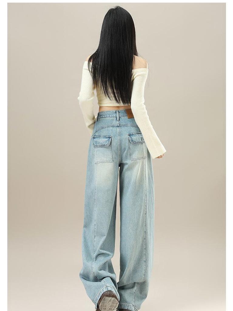 Women's Retro Wide-Leg Jeans - Spring/Fall Style, Floor-Length, Plus Velvet Warmth