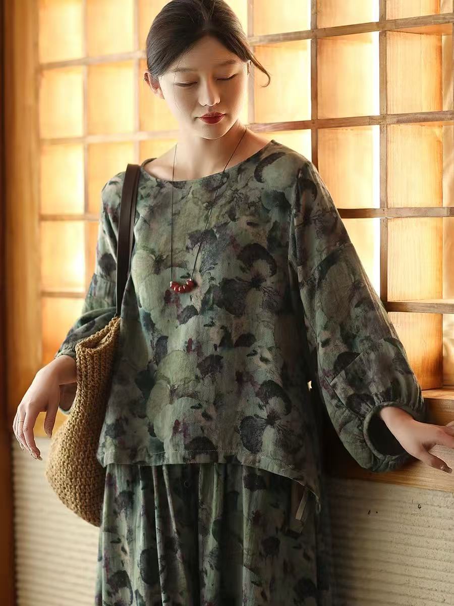 

Johnature Женские винтажные футболки с принтом цветочного узора, весенние, свободные, повседневные, из мягкой ткани, с круглым вырезом, с длинным рукавом One Size зелёный