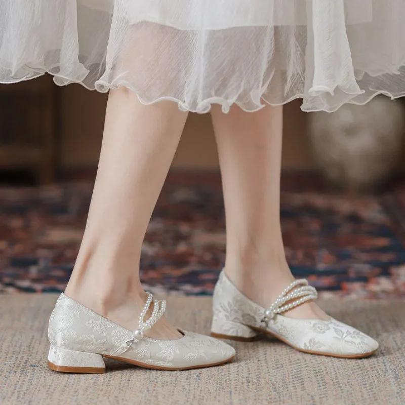 Fashion Low Heel Elegant Ladies Pumps Women's Shoes Square Toe Pearl Heels Mary Jane Gothic Japanese Style Lolita Quick Delivery Slip On
