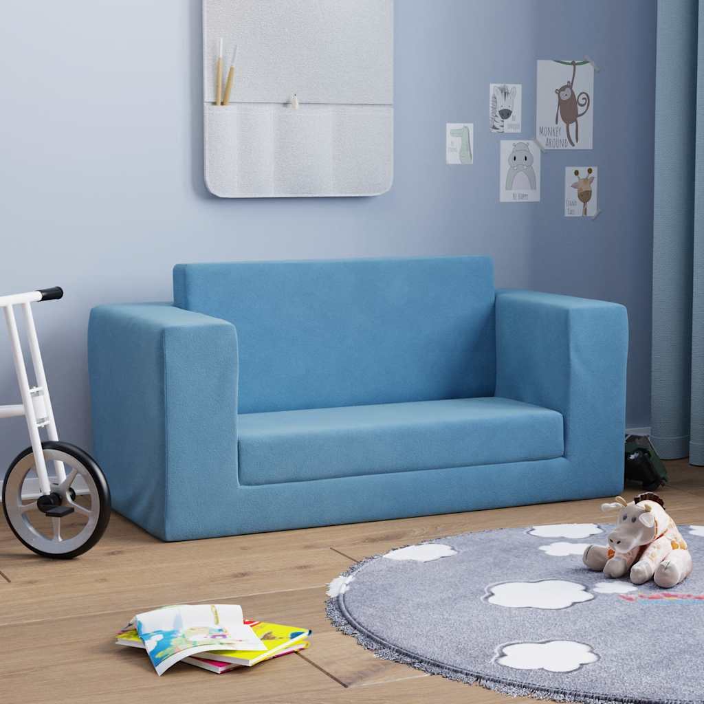 Vidaxl 2-Os. Sofa For Children, Fold-out, Blue, Soft Plush