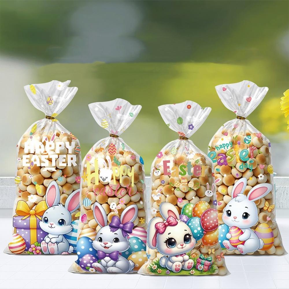 50pcs Happy Easter Plastic Candy Bags Little Bunny Colorful Balloon Gift Packing Bag Easter Egg Pattern Biscuits Wrapping Bag