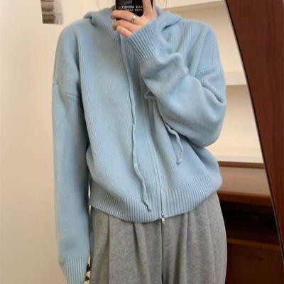 Autumn and Winter Korean Style Zipper Hooded Sweater Cardigan Jacket Women's Loose Fashion Knitted Top