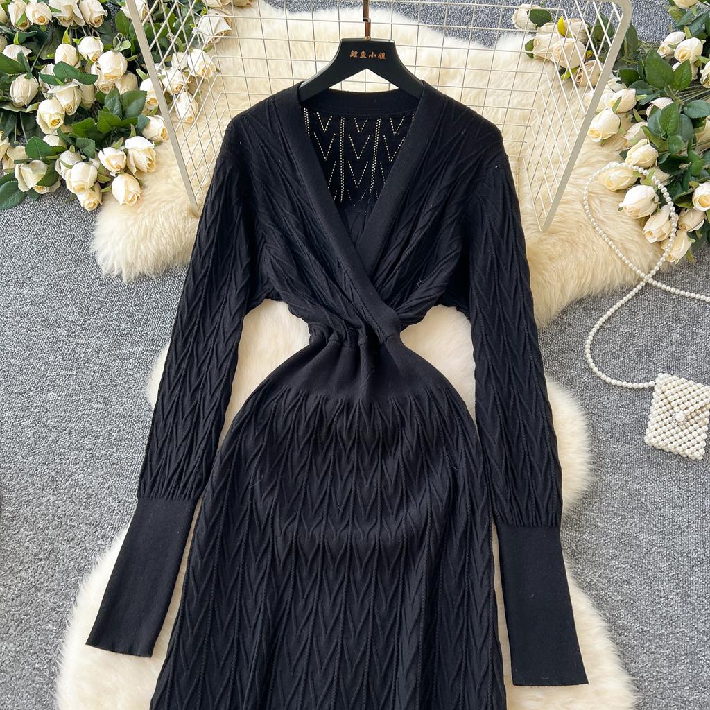 Autumn Winter Women Elegant V-neck Knitted Sweater Twist Pullover Dresses