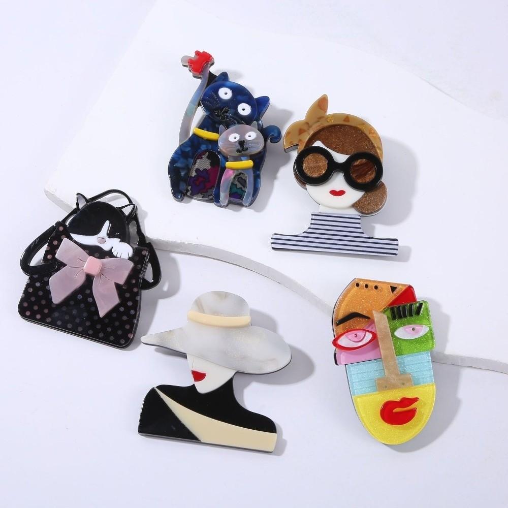 Acrylic Women Portrait Pin Cartoon Coat Badge Elegant Animal Brooches