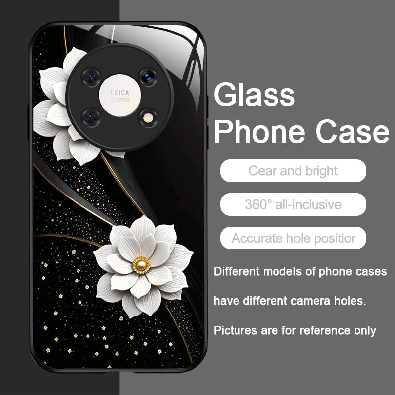 Vintage Floral Stylish Lotus Flower Tempered Glass Phone Case for Huawei Nova 13 12 SE 11 10 Pro Mate 40 30 P60 P50 P40 5G Cover