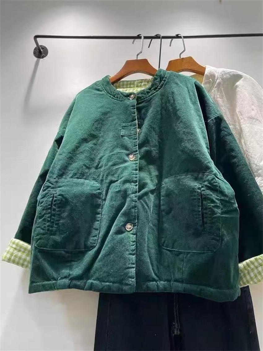 

Johnature Зимняя ретро вельветовая куртка Двусторонняя теплая женская свободная хлопковая повседневная лоскутная куртка One Size зелёный