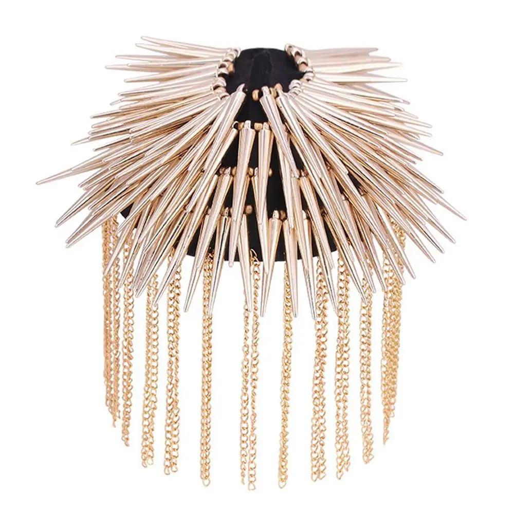 Tassel Chain Shoulder Board Badges Beads Punk Goth Rivet Spike Stud Epaulet Shoulder Metal Brooch for Man Suit