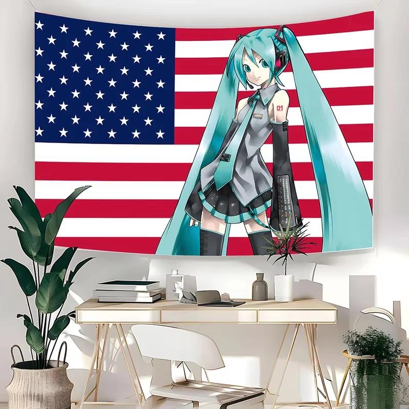 Vikama Miku Patriotic Anime Girl Tapestry Us Flag Backdrop Flat Print Wall Hanging Aesthetic Teal Pigtails Girl Art For Dorm Dec