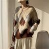 Autumn and winter new rhombus pullover women's loose versatile crew neck wool knitted sweater top