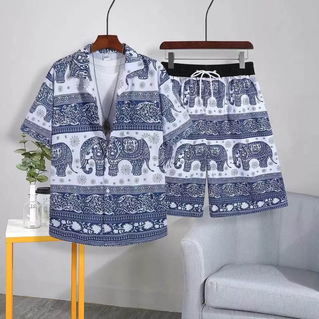 Elephant Pants Shorts Shirt Set V-neck Adjustable Elastic Waist Strap Women Men Unisex Print Thailand Casual Beach Summer Bohemian Retro Vintage