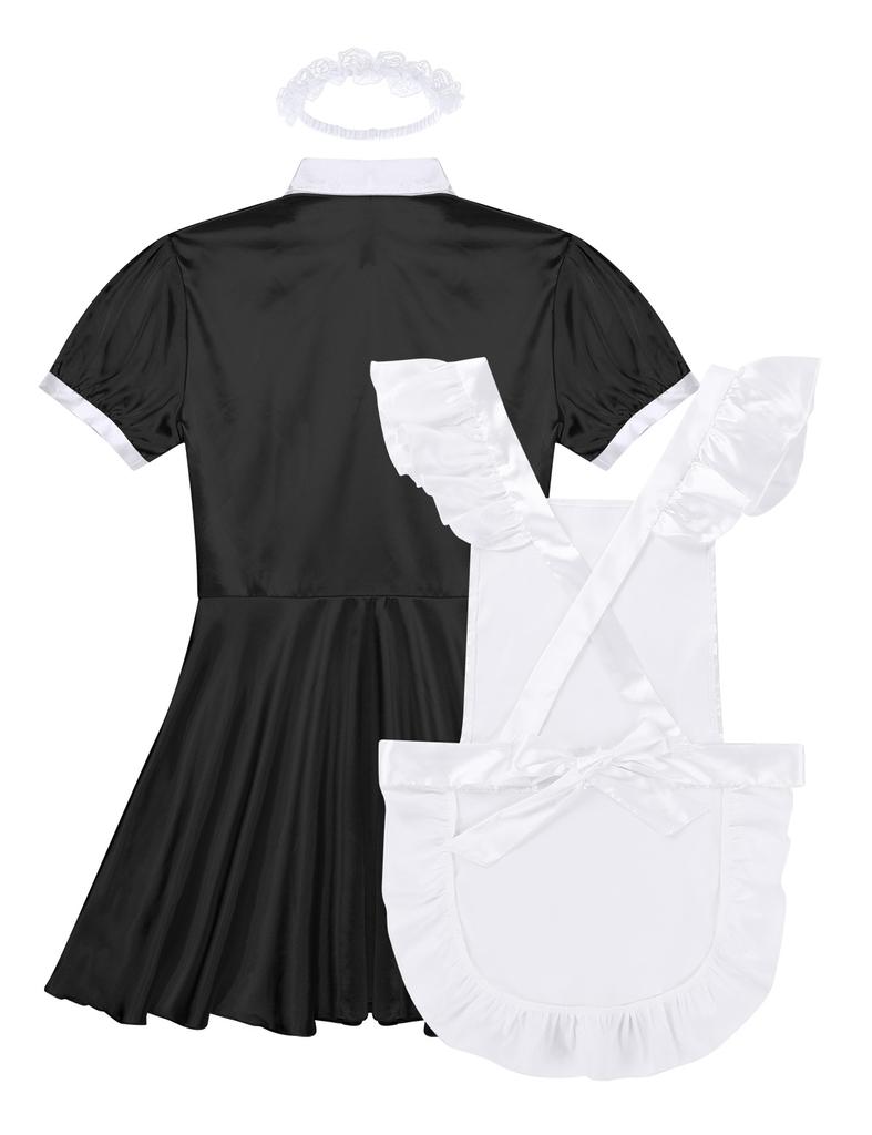 Men Sissy French Maid Outfits Cosplay Costumes Puff Sleeve Button Down Fancy Dress With Apron And Headband