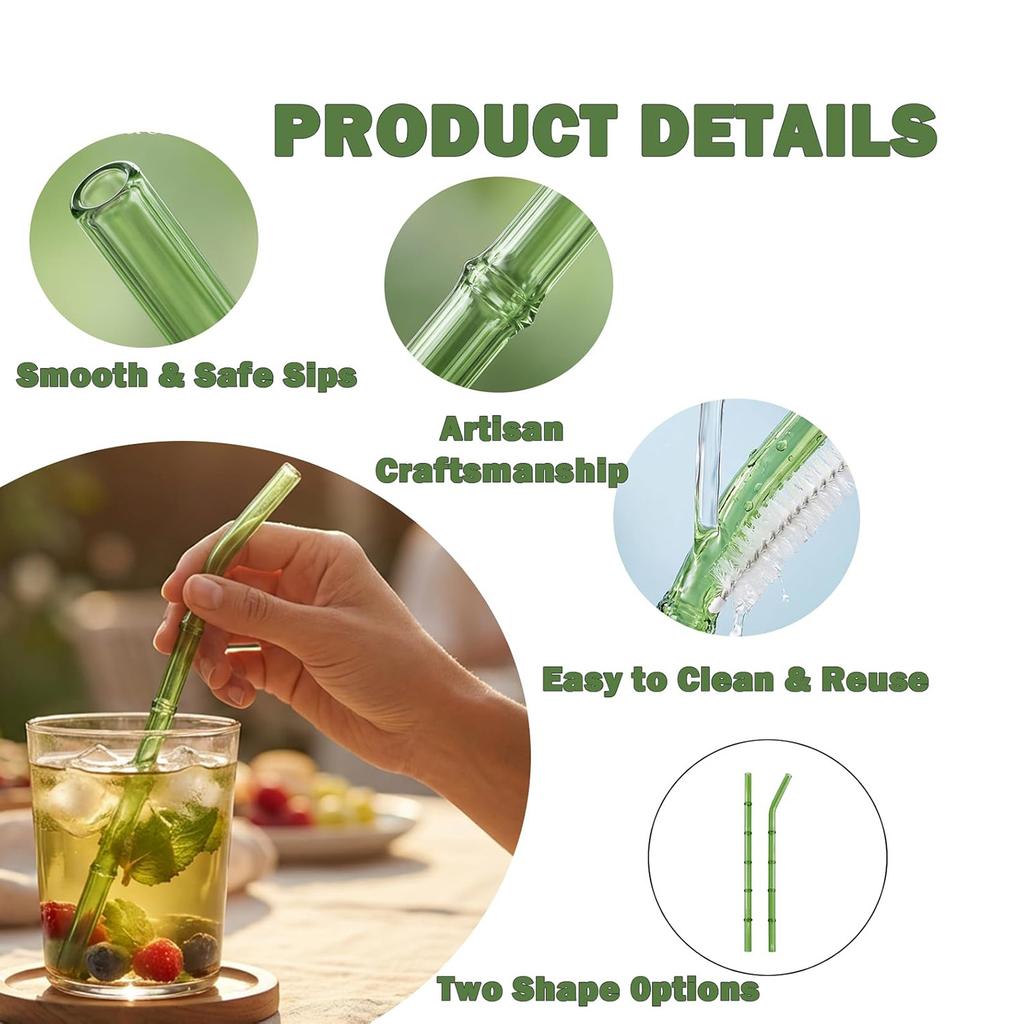 4-Pack Bamboo Reusable Glass Straws Set, Borosilicate Glass Drinking Straws with Brush for Smoothies, Coffee, Cocktails, Hot & Cold Drinks