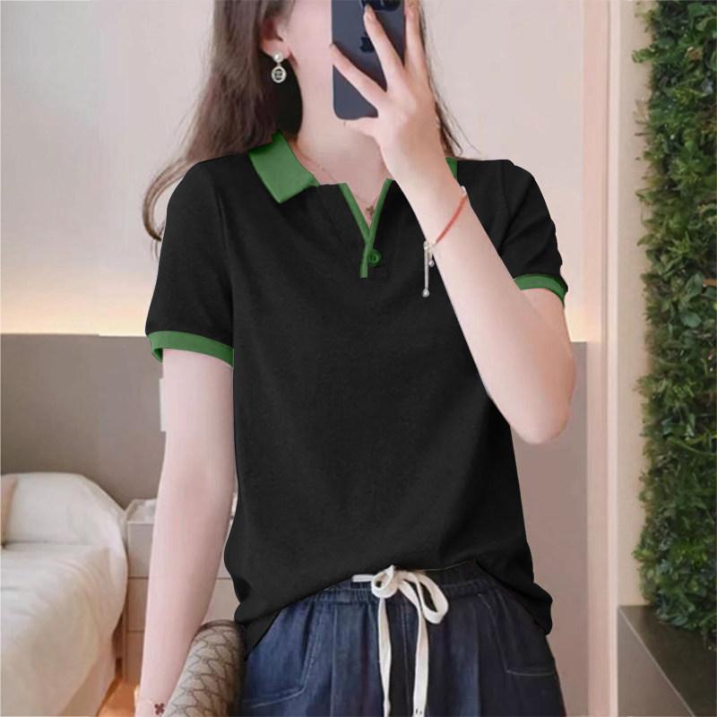Lapel short sleeve t-shirt women's summer color block polo shirt top