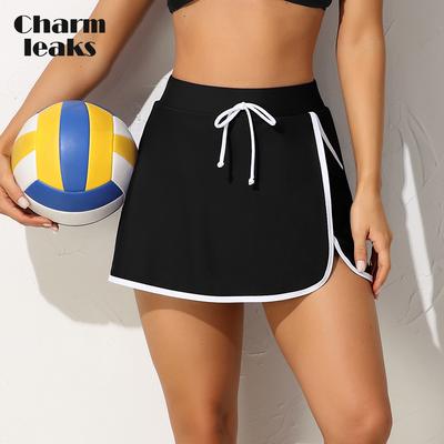 Women High Waist Drawstring Color Block Swim Skirt with Pockets Tankini Bikini Bottom Beach Wear