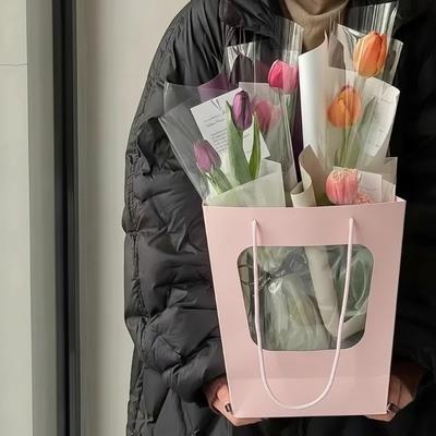 Fenêtre trapézoïdale Sac cadeau pour fleurs Bouquet créatif à la main Emballage pour la Fête des Mères Anniversaire Mariage Cadeau de fête Fournitures de fleuriste