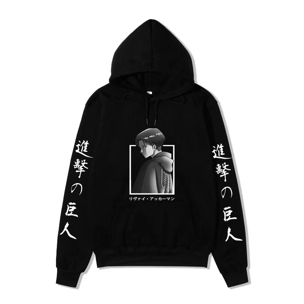 Attack on Titan Levi Ackerman Hoodie Unisex Fleece Sweatshirt Japanese Text Double Sleeve Print Autumn Winter Pullover