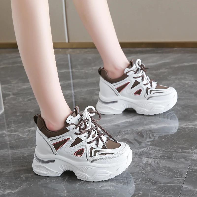 Fashion Mix Color Platform Sneakers Women Spring Pu Leather Thick Bottom Vulcanize Shoes Female Lace-Up Non-Slip Sports Shoes Ladies