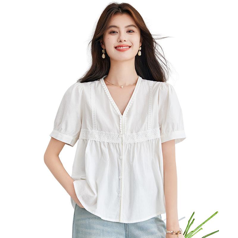 V-Neck Bubble Sleeve Short Sleeve Shirt Women's Summer Gentle Wind Sweet Doll Shirt Top