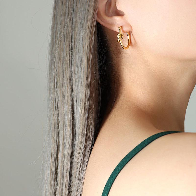 Hong Kong Style 18K Gold-Plated Titanium Slimming Knotted Hoop Earrings for Women