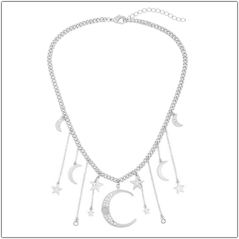 Star Moon Tassel Pendant Necklace - Inlaid Diamond Choker Clavicle Chain