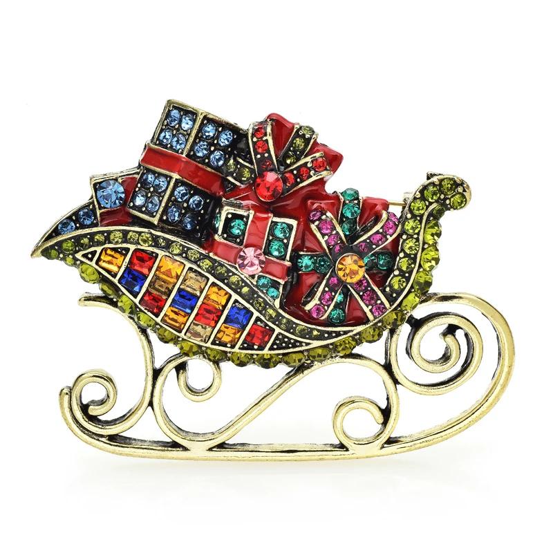 Wuli&baby Taking Gifts Sleigh Brooches For Women Men Big Vintage Rhinestone Christmas New Year Brooch Pin Gifts
