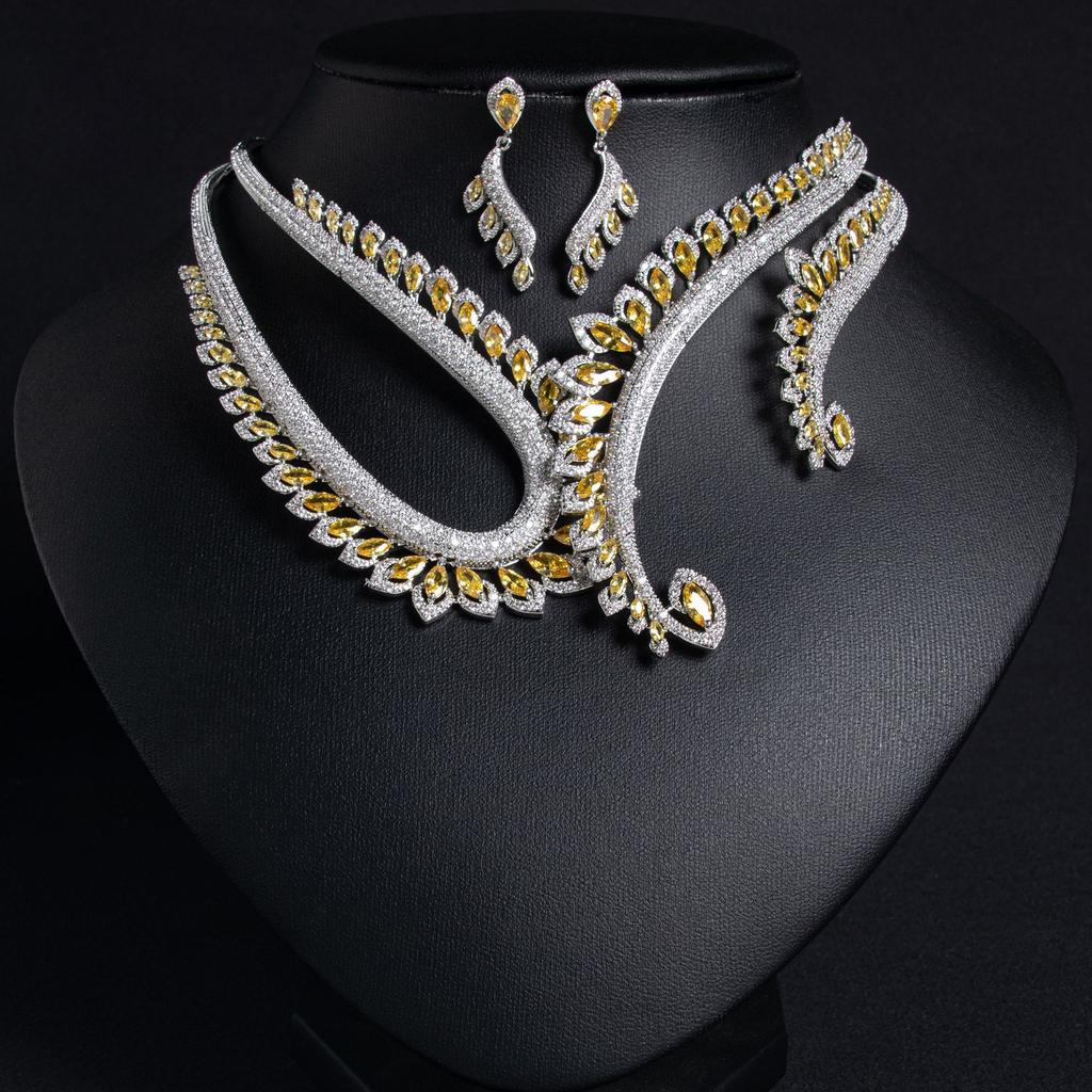 Luxury Cubic Zirconia Yellow Clear Green Red Water Drop CZ Necklace Earring Set for Women Bridal Nigeria Wedding Party Gifts