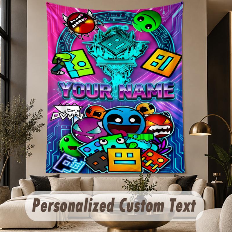 Custom Text Printed Tapestry Geometry Dash Pattern Large Wall Hanging Indoor Room Decor