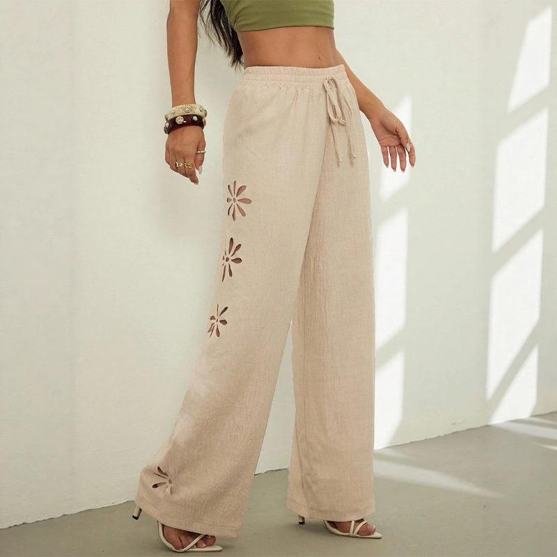 Women S Casual Loose Wide Leg Pants Solid Color Lace Up Trousers S