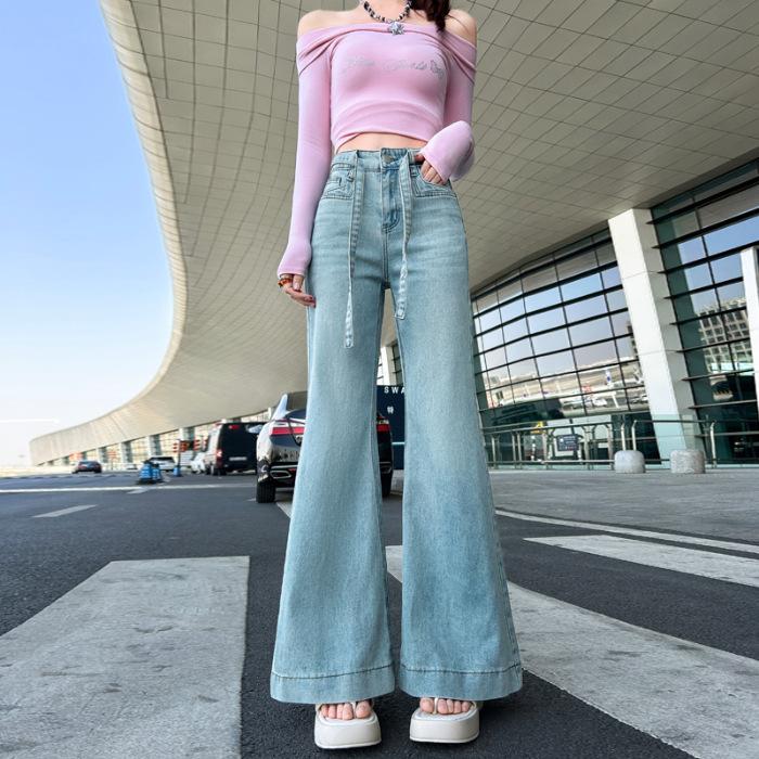 

Весенние наряды без штанин Расклешенные брюки для женщин Весенние джинсы с высокой талией Слегка расклешенные джинсы для женщин Женские брюки для женщин Утягивающие 2XL