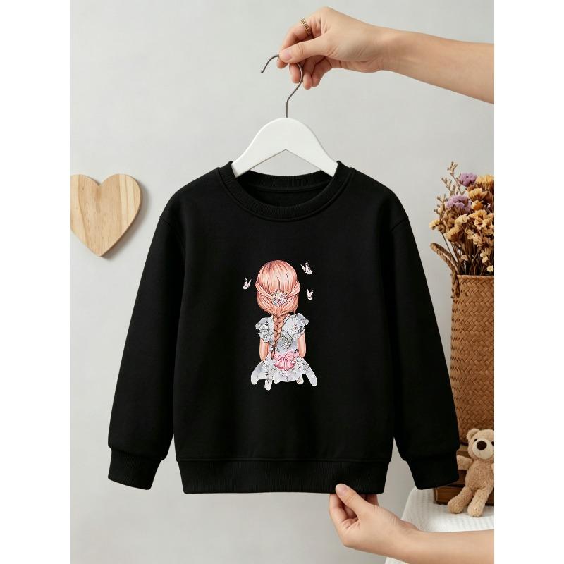 Kids Girls Crewneck Sweatshirt, Watercolor Braided Girl Back View With Butterflies Floral Dress Print Light Pink Soft Fleece Pullover