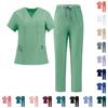 Conjunto de Uniforme de Enfermagem Feminino Tecido de Secagem Rápida Gola V Manga Curta com Bolsos e Calça com Cintura Elástica Cordão Uniforme Médico