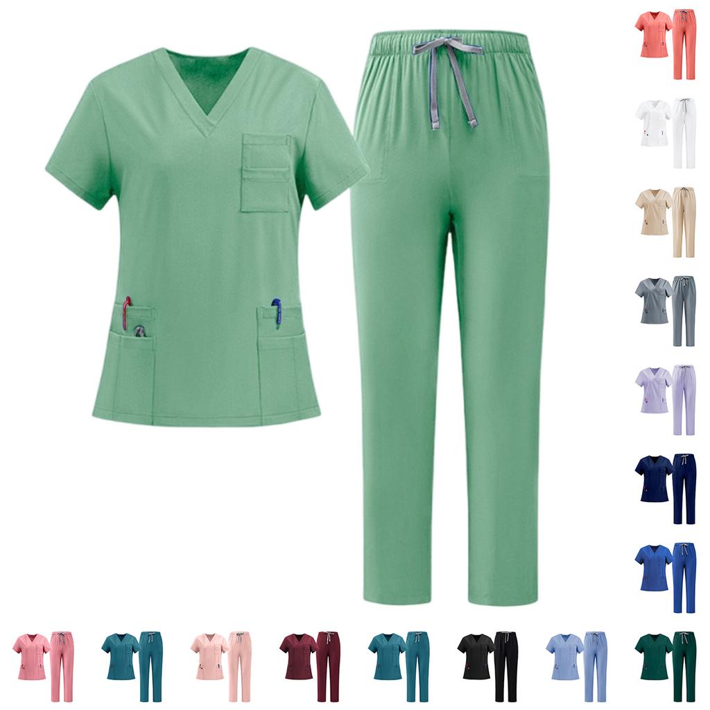 Women Nurse Scrub Set Quick Dry Fabric V Neck Short Sleeve Top with Pockets and Elastic Waist Drawstring Pants Medical Uniform