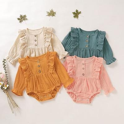 Newborn Infant Baby Girl Long Sleeve Linen Button Ruffle Romper Bodysuit Clothes