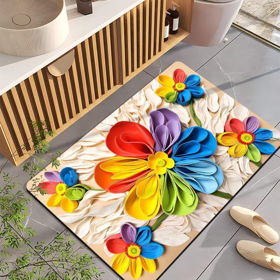 3D Floral Diatomaceous Earth Bath Mat - Absorbent, Quick-Dry, Stain & Wear Resistant Doormat
