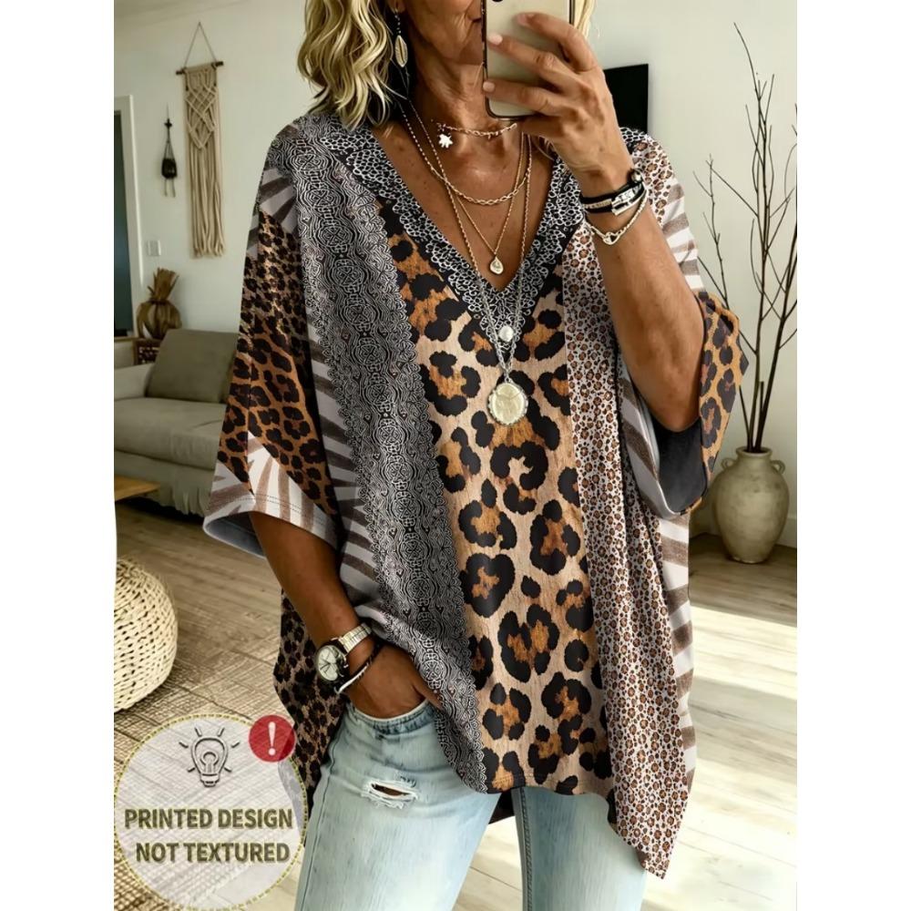 Women's Large Size V-neck Top, Elegant, Comfortable and Simple Butterfly Pattern Print Large Size Women's V-neck T-shirt
