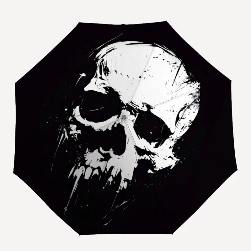 1pc Skull Art Automatic Open/close Folding Compact Umbrella, 8-Rib Sturdy Canopy, Lightweight Portable, Everyday Use, Gift, Outdoor Umbrella, Travel E