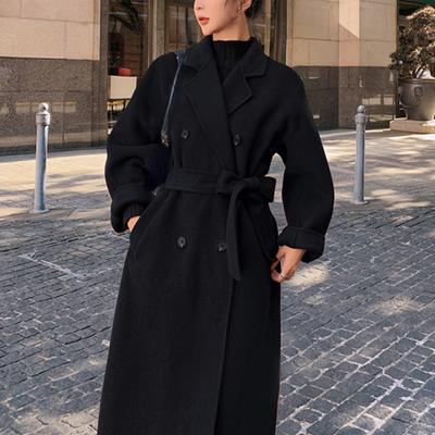 Winter Trench Coat For Women Elegant Fashion Korean Casual Thick Wool Coat Red Lace-up Long Jacket  Black Woman Coat With Blet