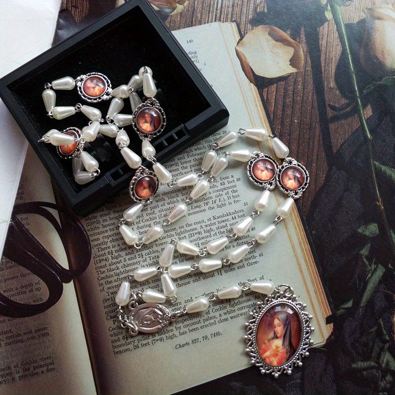 Seven Sorrow White Plastic Rosary Necklace Virgin Pendant for Men Women Religious Jewelry Rosary Necklace