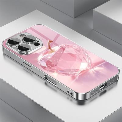 Elma Desenli Pembe Kristal Temperli Cam Kaplama Telefon Kılıfı iPhone 17 16 15 14 13 12 Pro Max Plus 16E 17Air İçin