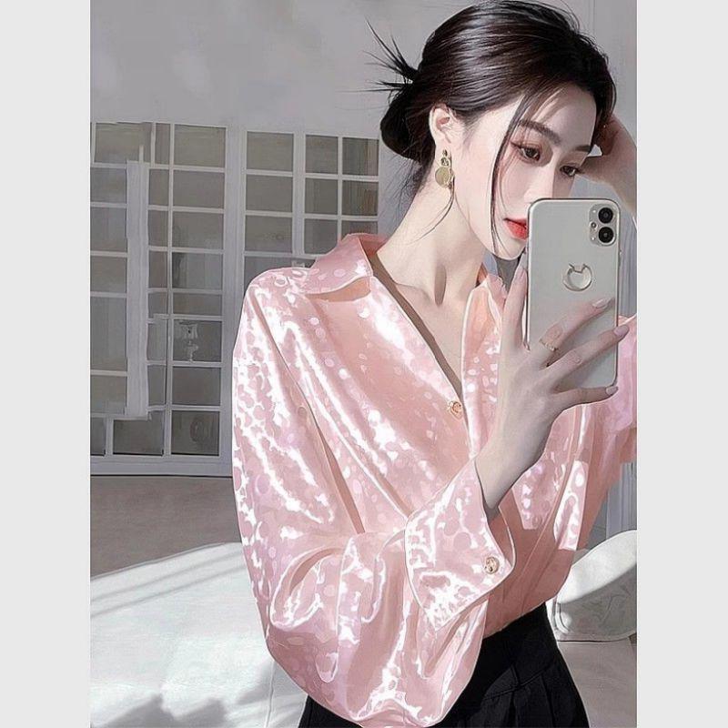 2025 French Light Luxury Satin Long Sleeve Blouse - Plus Size, Loose Fit for Early Spring