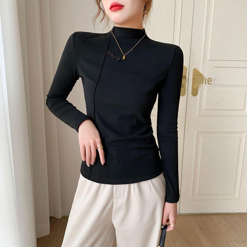 Women's Fleece-Lined Semi-High Neck Long-Sleeve Slim Fit Base Layer for Autumn/Winter