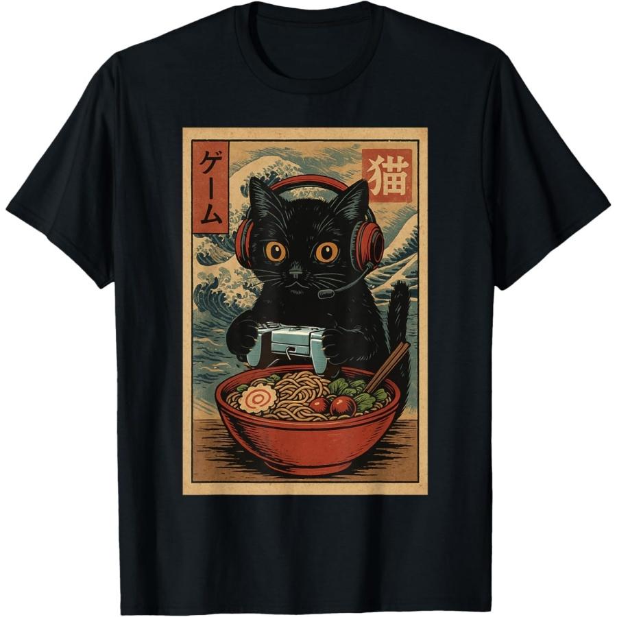 DCOJUZBO Cute Kawaii Gamer Cat Funny Ramen Retro Japanese Cat Gaming T-Shirt XXXXXL разноцветный