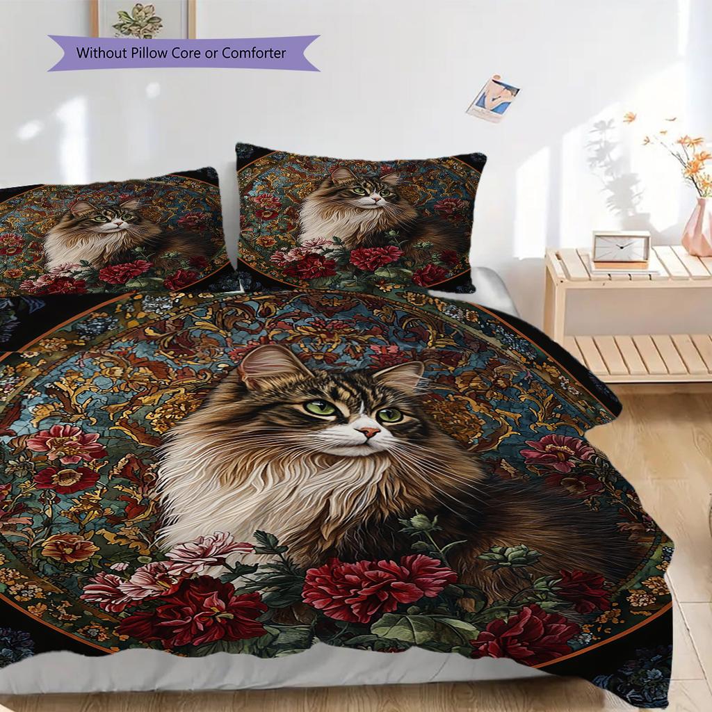 Tabby Cat Pattern Bedding Quilt Set Quilt Cover Pillowcase Home Decoration Birthday Gift (1 * duvet cover + 2 * pillowcase, without core)