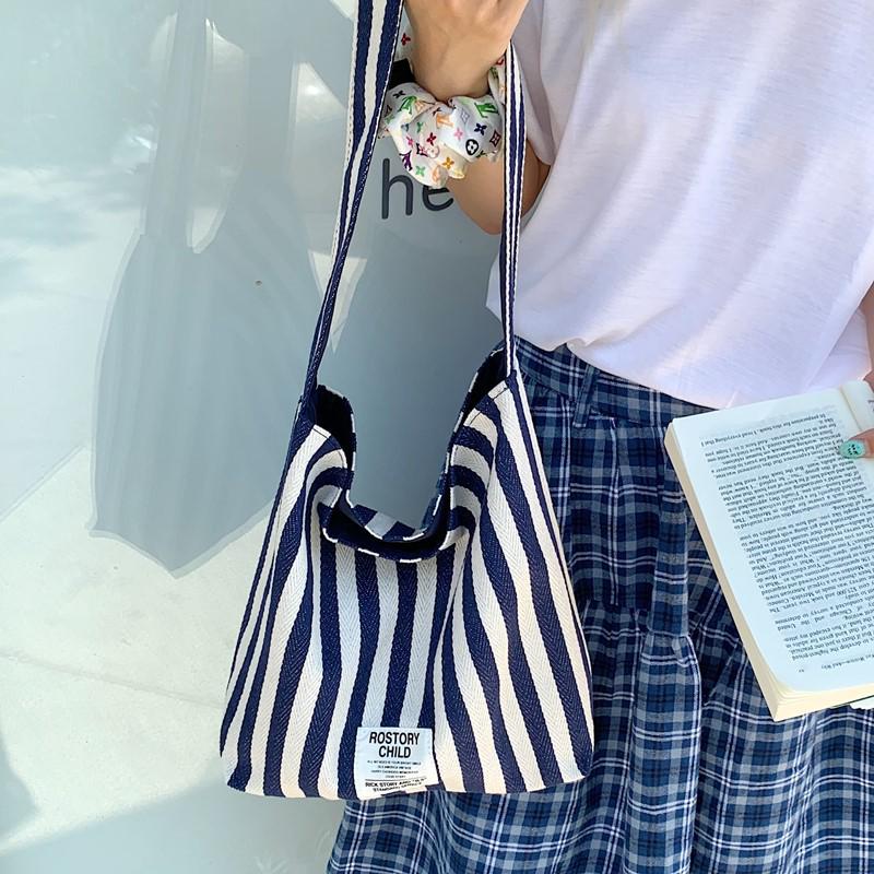 

Холщовая двусторонняя сумка-тоут в корейском стиле, в полоску и клетку синий