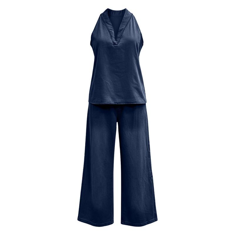 Women's Sleeveless V Neck Wide Leg Jumpsuit Loose Casual One Piece Summer Outfit
