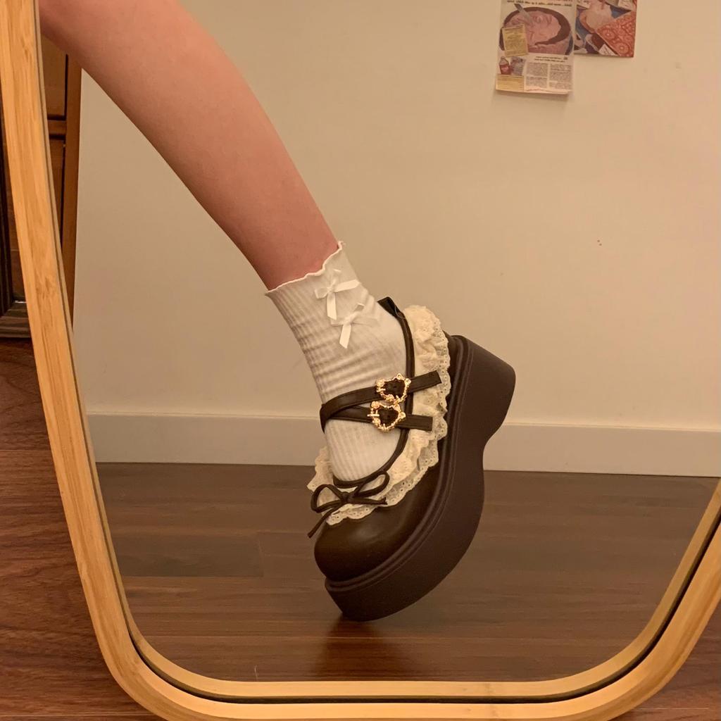 Plateau Mary Jane Schuhe für Damen 45cm Absatz Runde Zehenpartie Lolita Gothic Japanischer Koreanischer Stil PU-Leder Schwarz Braun
