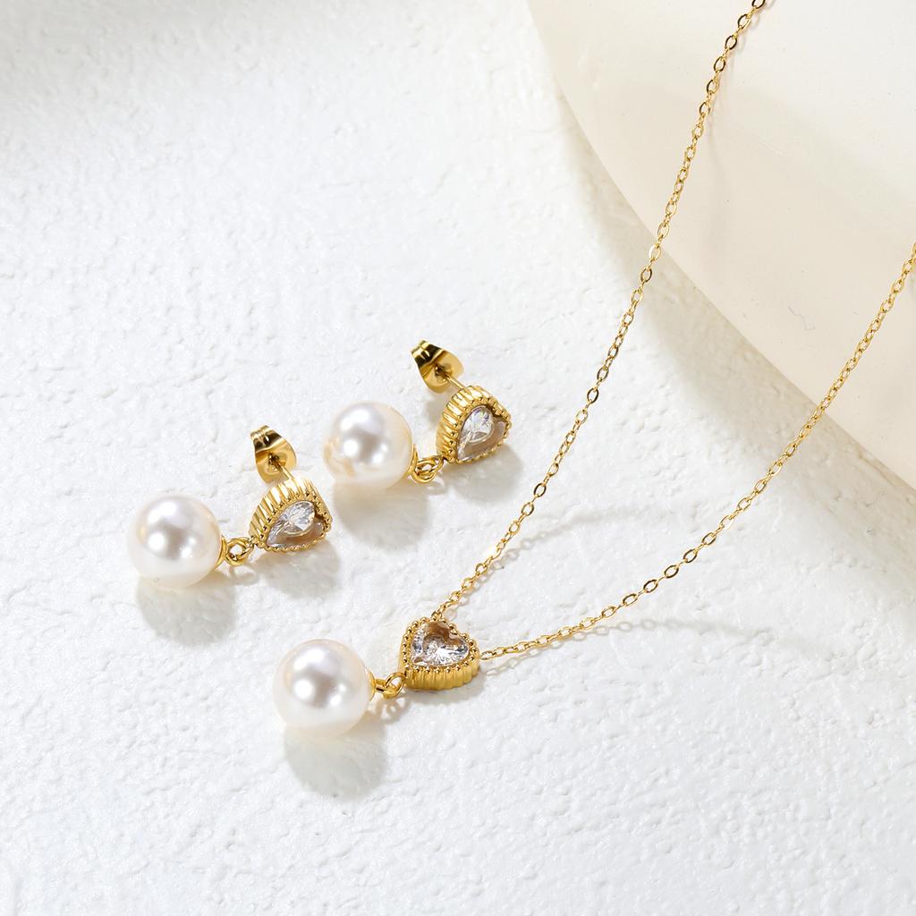 Love Heart Zircon Pearl Earrings Necklace Set Minimalist Light Luxury Jewelry for Women
