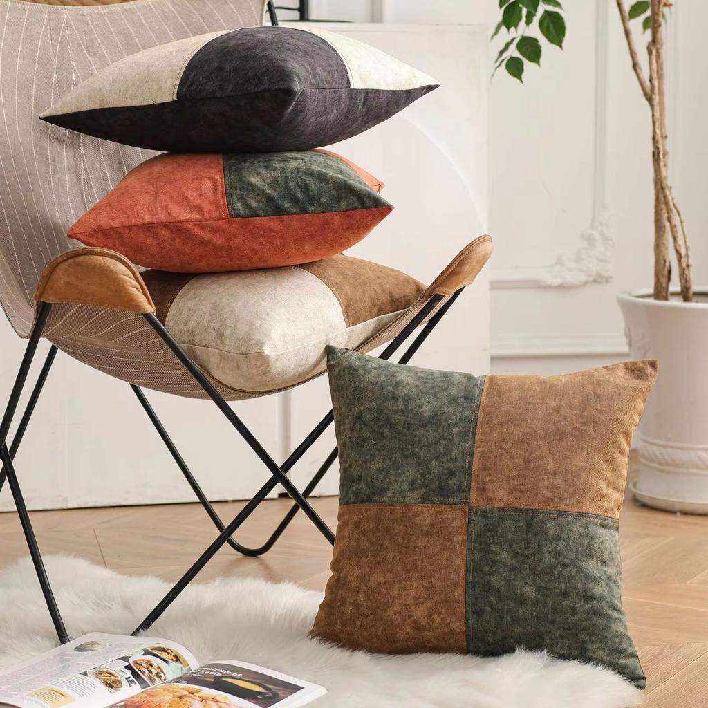 Vintage Patchwork Throw Pillow Covers 18x18 Inch Rustic Farmhouse Decorative Cushion Cover for Home and Cabin Sofa Decor